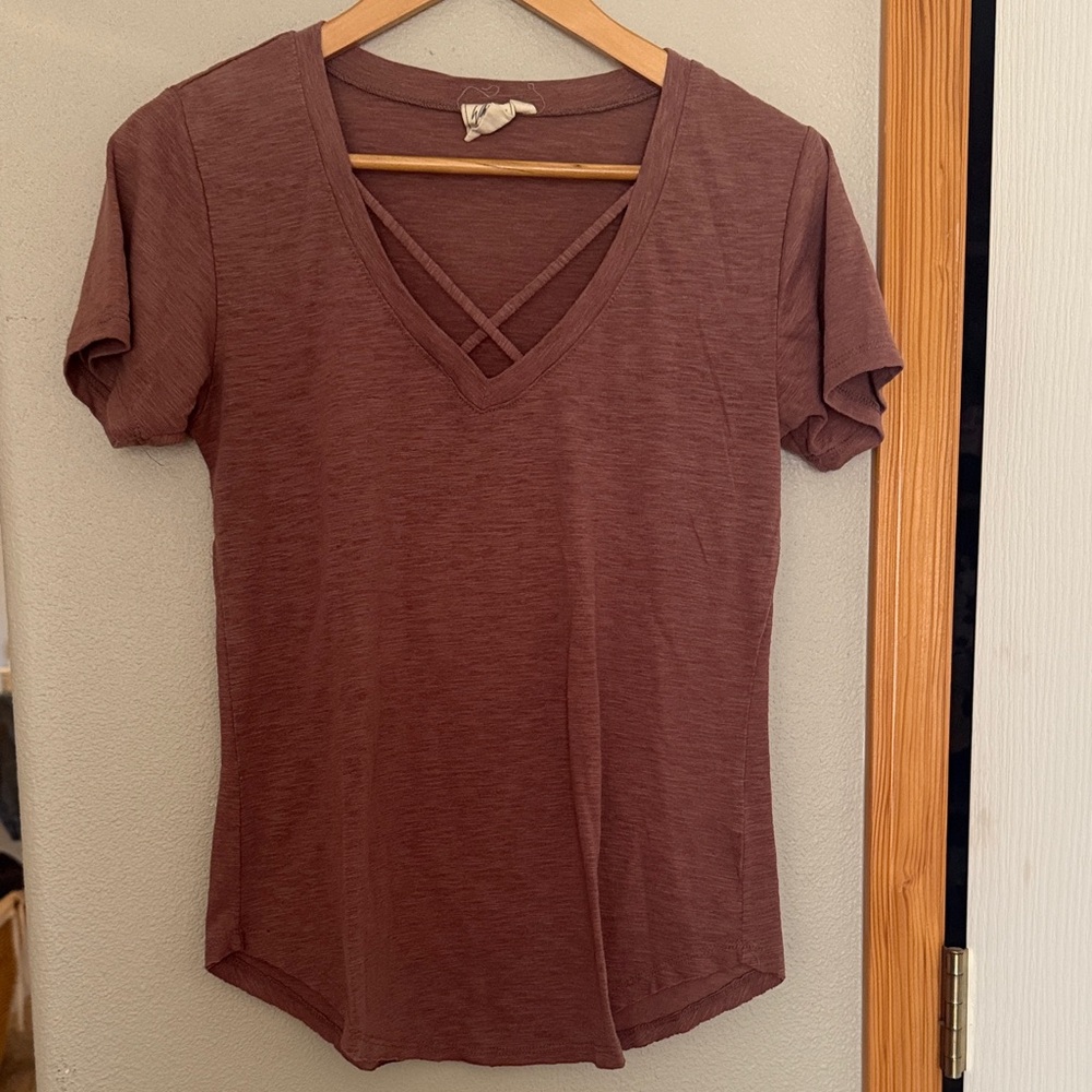 White Crow Short Sleeve Crisscross V-Neck Top - Brown